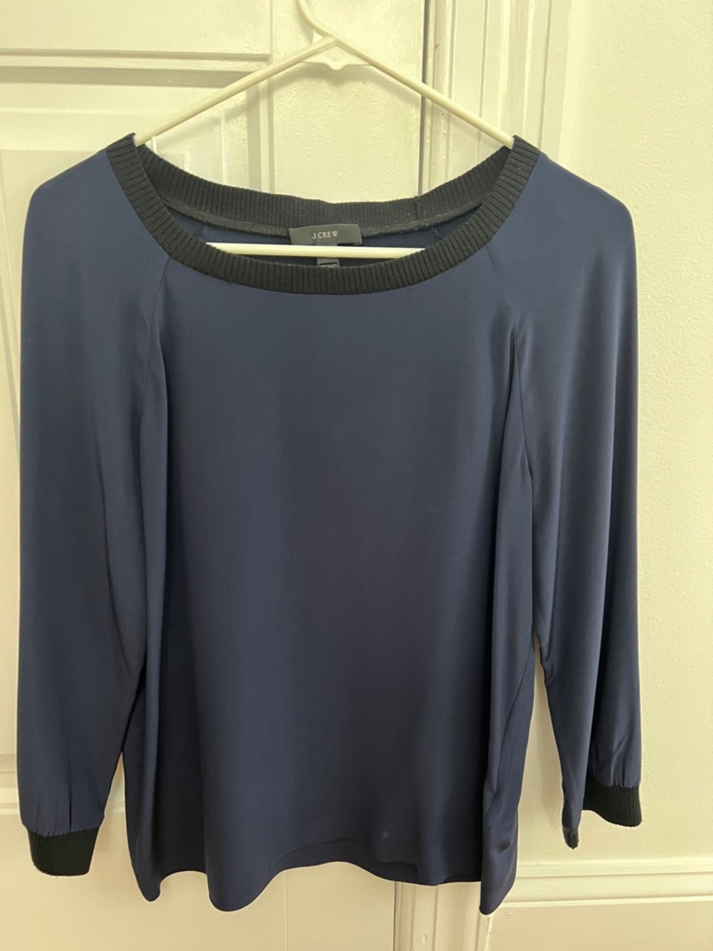 J. Crew Navy Boatneck aSilk Top with Black Trim Size 4